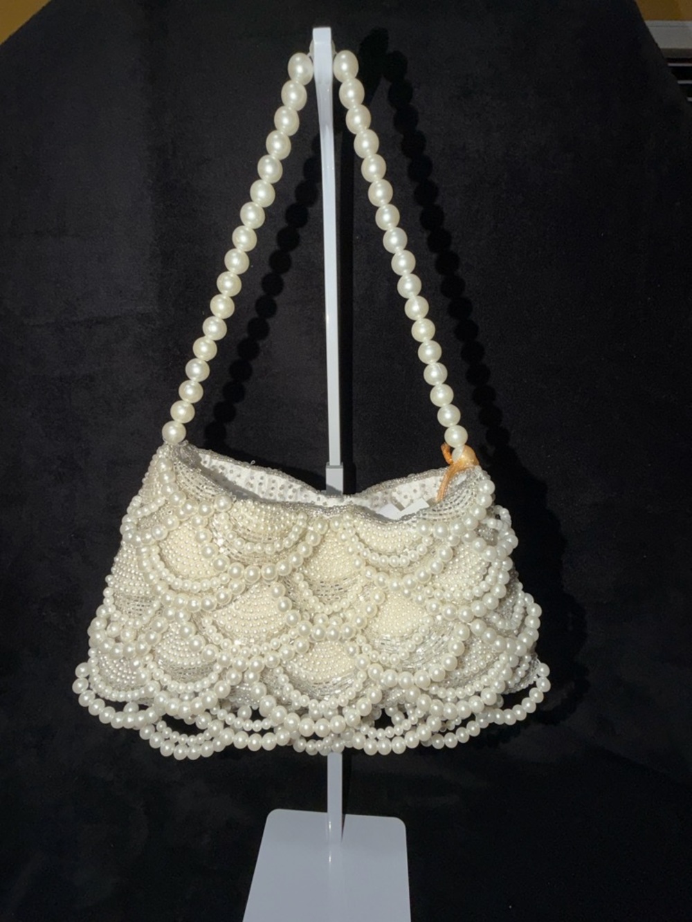 Pearl-Embellished Cream Evening Shoulder Bag